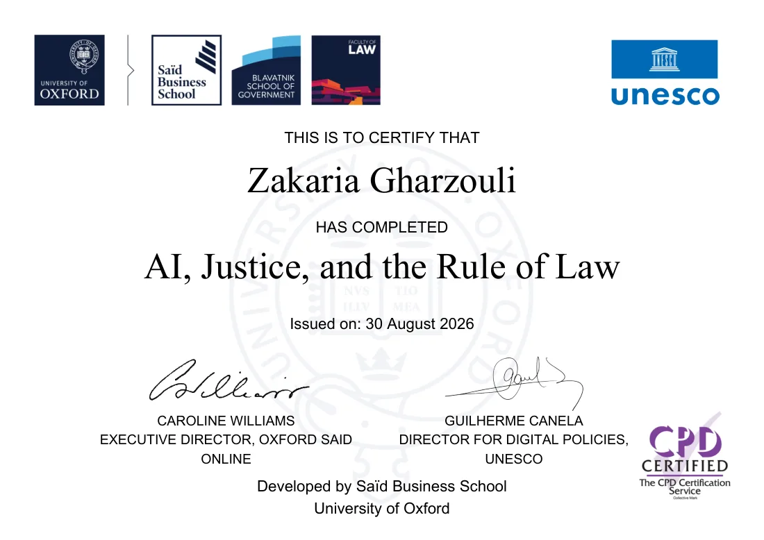 Attestation AI, Justice, and the Rule of Law, délivrée par SAÏD BUSINESS SCHOOL, OXFORD