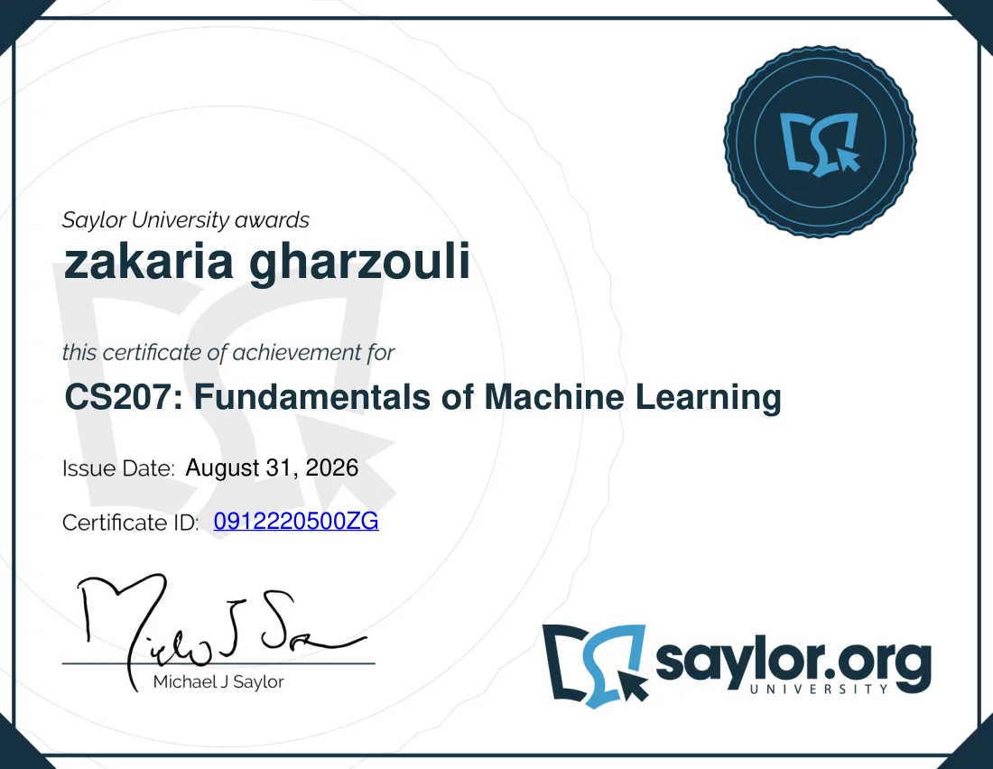Attestation CS207 — Fundamentals of Machine Learning, délivrée par SAYLOR ACADEMY