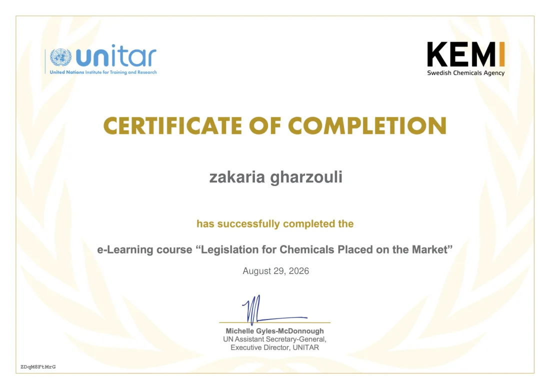 Attestation Legislation for Chemicals Placed on the Market, délivrée par UNITAR